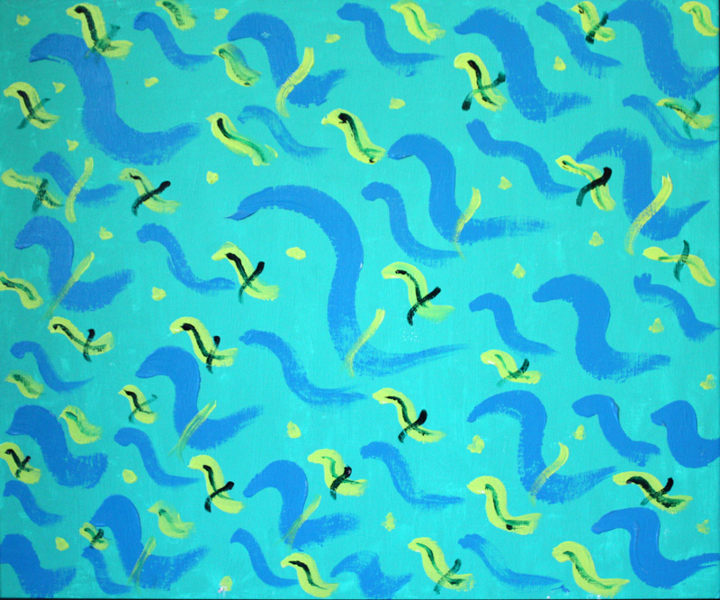 Pleiadian Script #3: Yellow, Blue and Black on Green by Valerie Lee