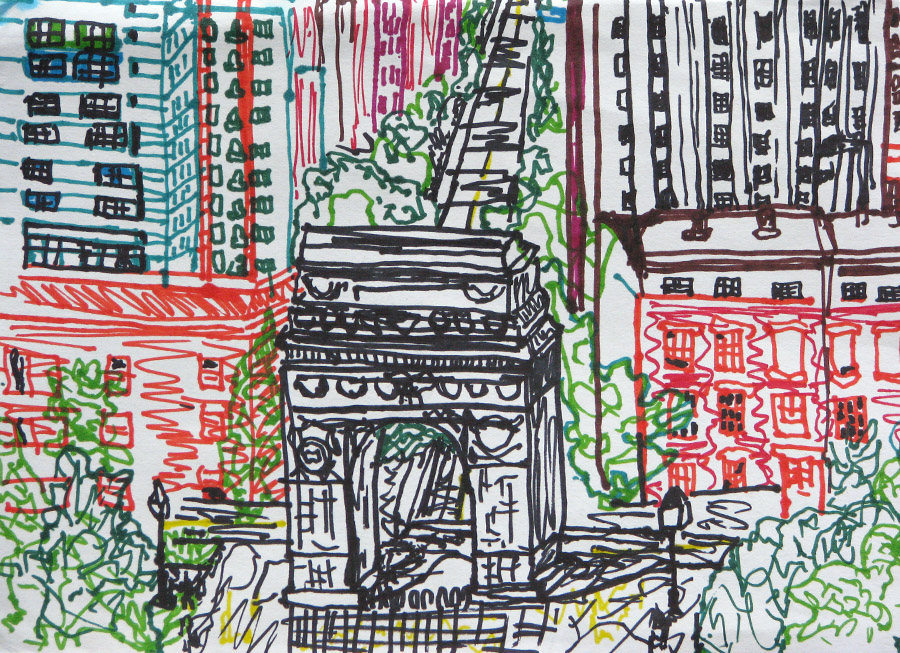 Washington Square NYC Color Line Rendition Mixed Media 11 x 14